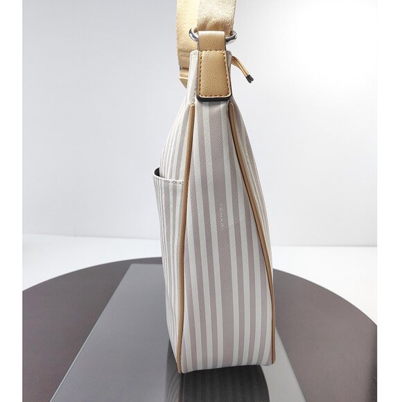 NWT Tahari Logo Hobo Handbag Striped Purse Satchel Vegan Recycled Beige $139 12" - Picture 3 of 13
